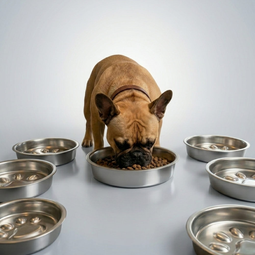 Dog eating from a slow feeder dog bowl stainless steel